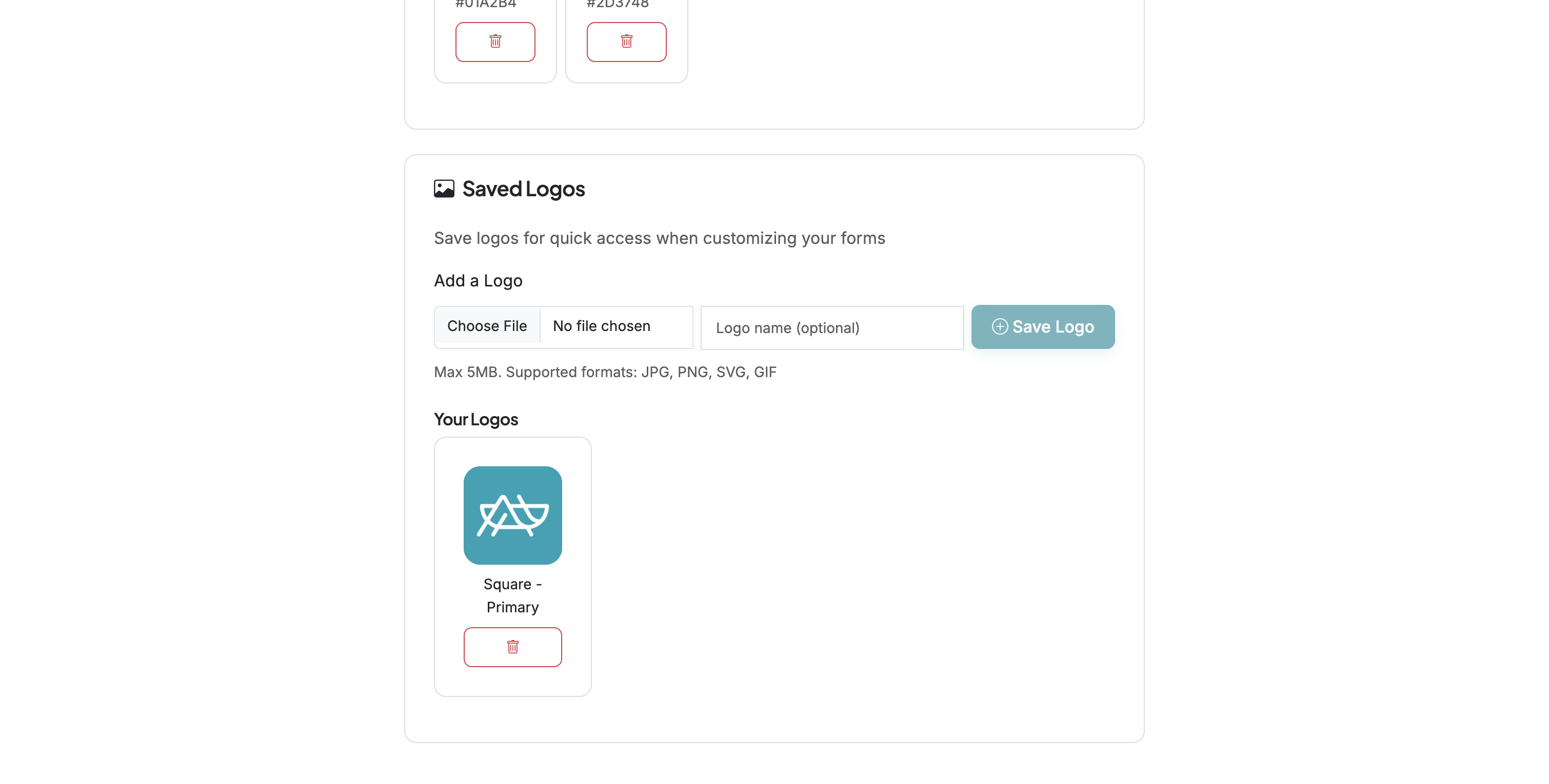 Screenshot showing Add saved logos or images that can be applied to forms and custom themes.