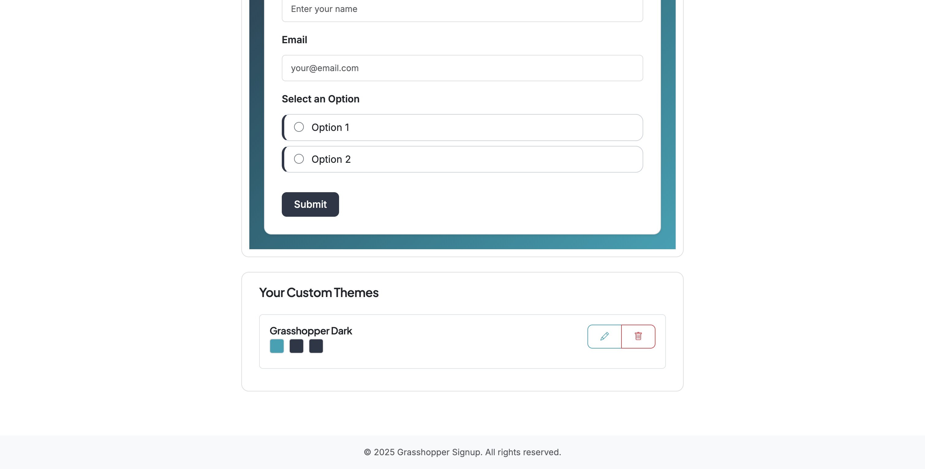 Screenshot showing Saved themes are shown at the bottom of the Theme Builder page and are editable or removeable.