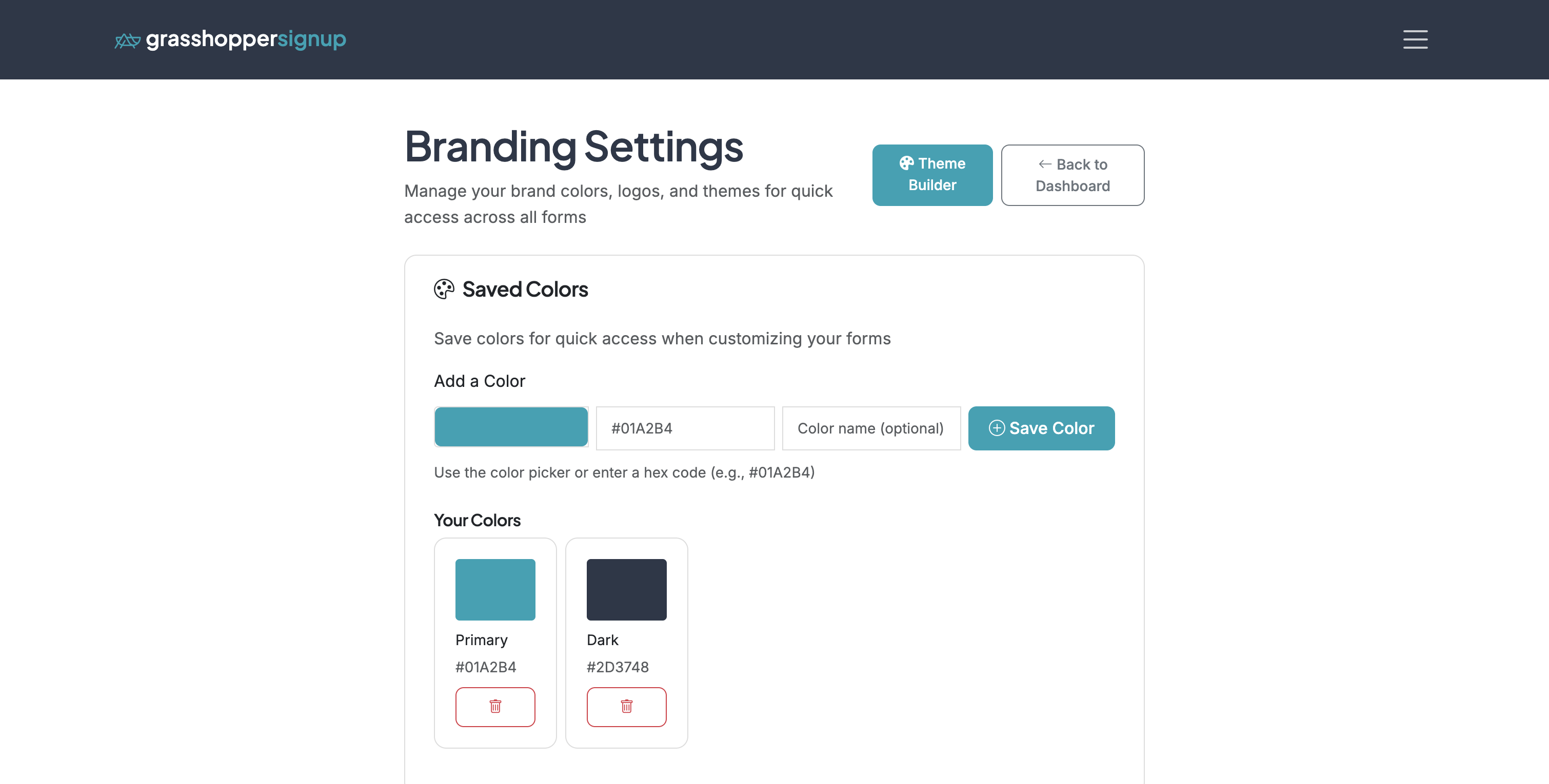Screenshot showing Add saved colors that can be applied to forms and custom themes.