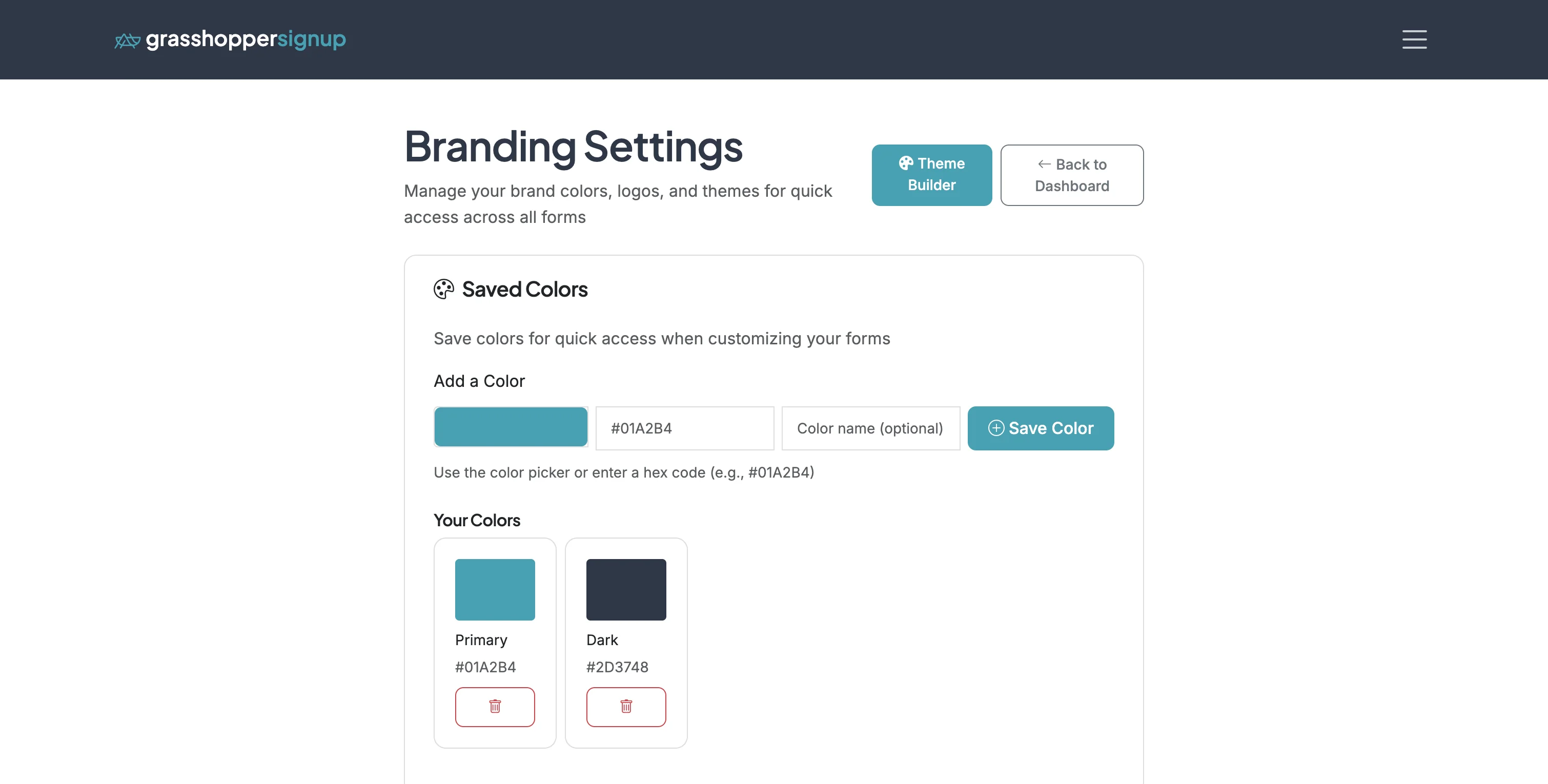 Screenshot showing Add saved colors that can be applied to forms and custom themes.