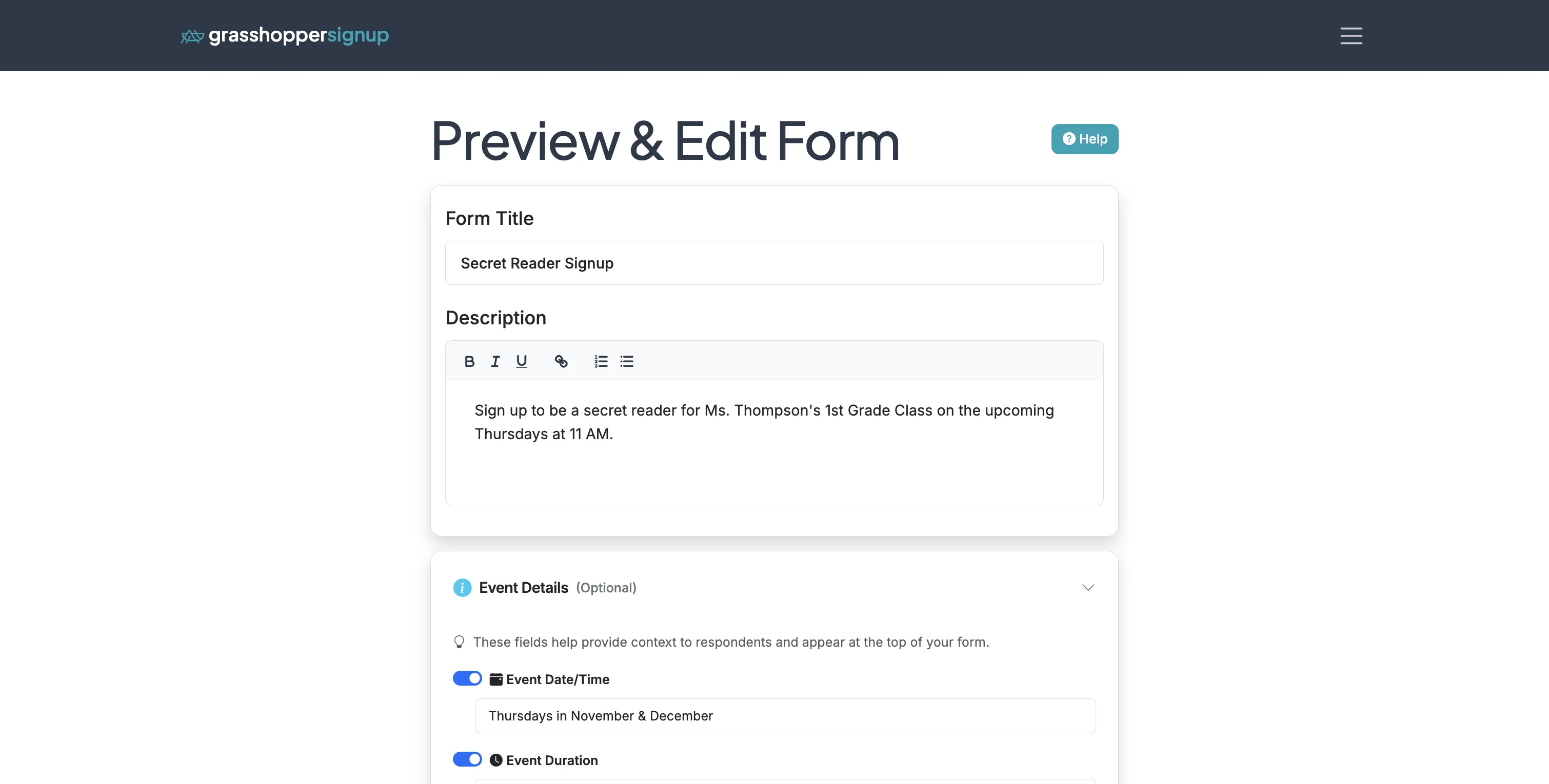 Screenshot showing Start by setting up your form. When using reminders, make sure dates and times are clear.