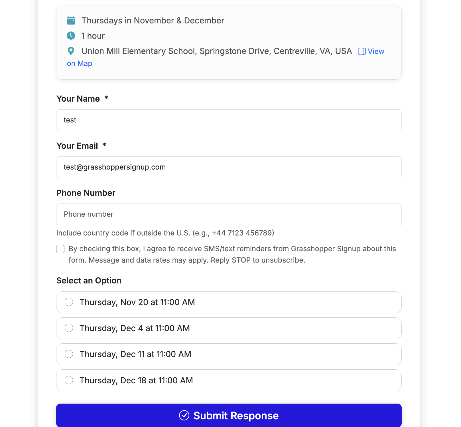 Screenshot showing The Phone Number field will validate and store phone numbers for use with SMS. When SMS Reminders are enabled, an Opt In checkbox will appear under the phone number field (automatically). This opt in is required for Grasshopper Signup to send SMS reminders.