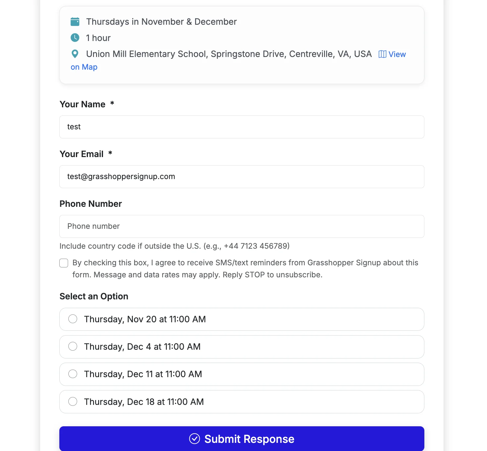 Screenshot showing The Phone Number field will validate and store phone numbers for use with SMS. When SMS Reminders are enabled, an Opt In checkbox will appear under the phone number field (automatically). This opt in is required for Grasshopper Signup to send SMS reminders.