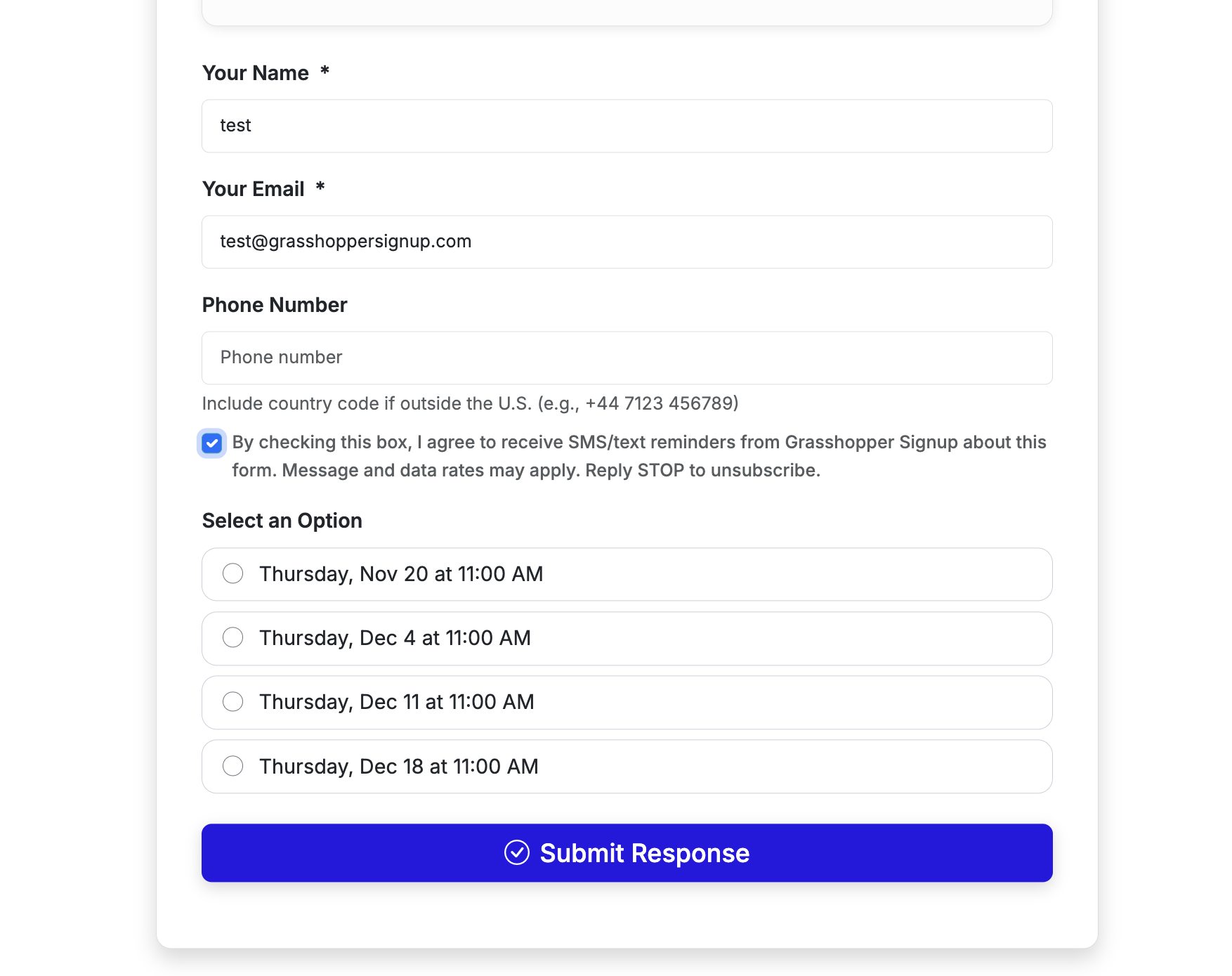 Screenshot showing Respondent must check this opt in box to receive SMS reminders. Not all respondents will opt in, which is why we also recommend using email reminders.