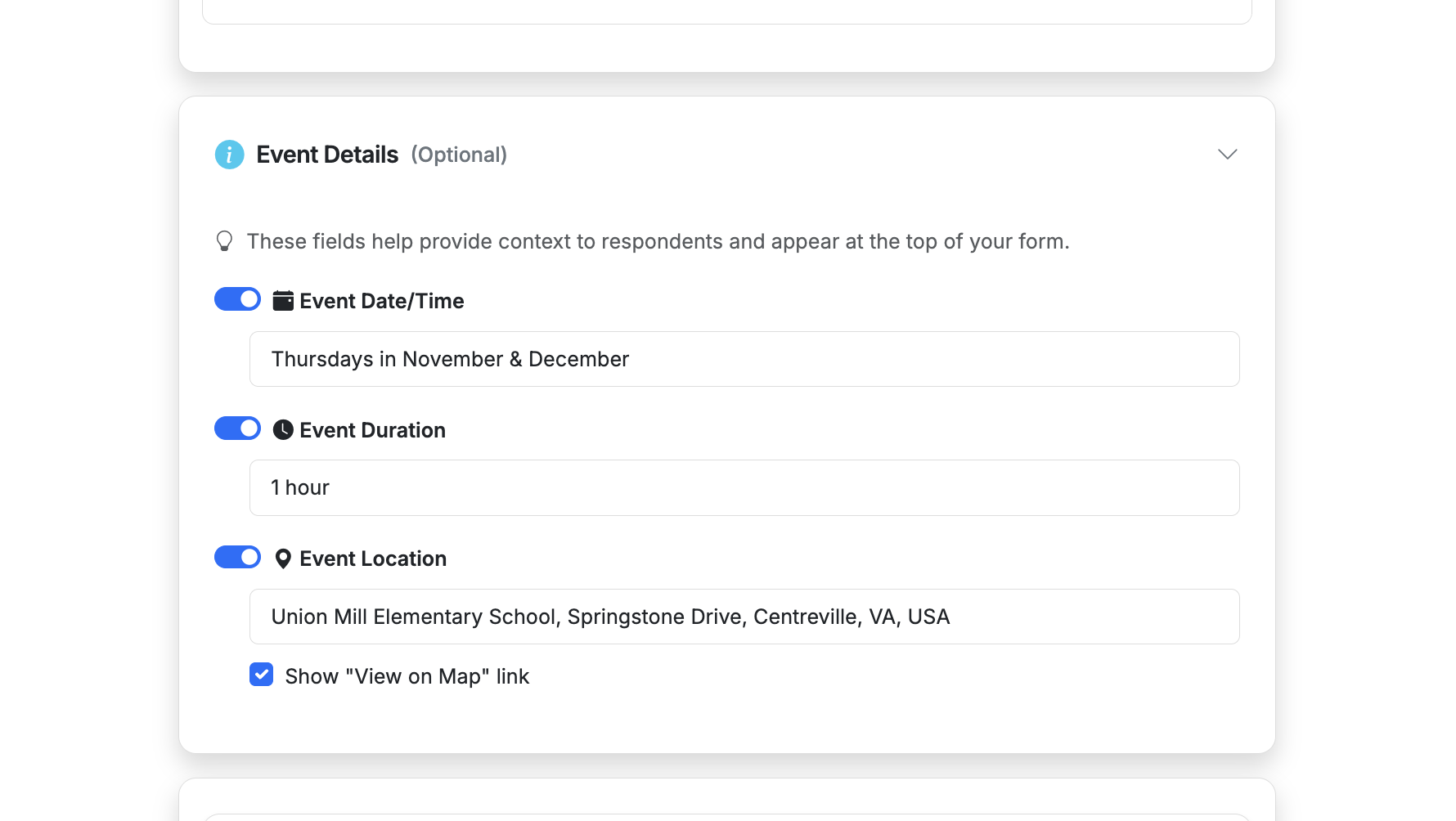 Screenshot showing You can use the Event Date/Time detail field to help provide clarity on the date and time of events. This information is used by AI for reminder setup and included in respondent confirmation emails.