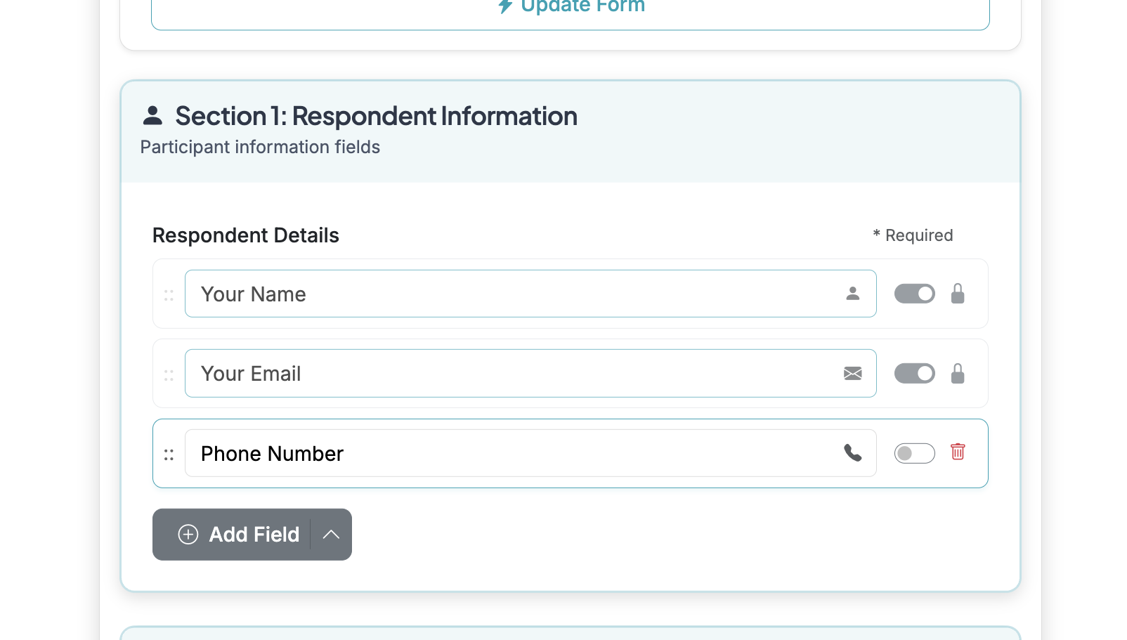 Screenshot showing Using the dedicated Phone field will add a field that shows you it is specifically for Phone numbers. This field will validate numbers added by respondents and display a consent checkbox when reminders are enabled.