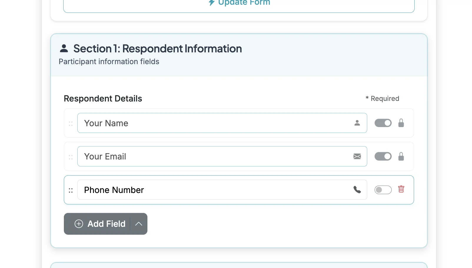 Screenshot showing Using the dedicated Phone field will add a field that shows you it is specifically for Phone numbers. This field will validate numbers added by respondents and display a consent checkbox when reminders are enabled.