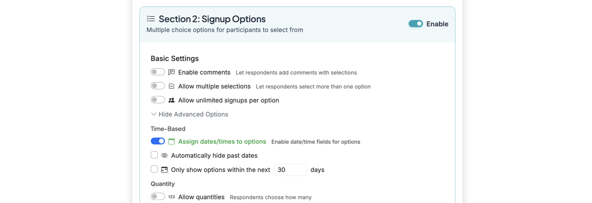 Screenshot showing While not required, assigning dates/times to each option label can enable additional time/date features and make AI reminder suggestions more accurate.