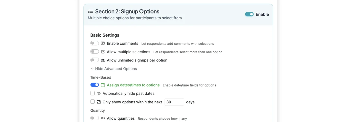 Screenshot showing While not required, assigning dates/times to each option label can enable additional time/date features and make AI reminder suggestions more accurate.