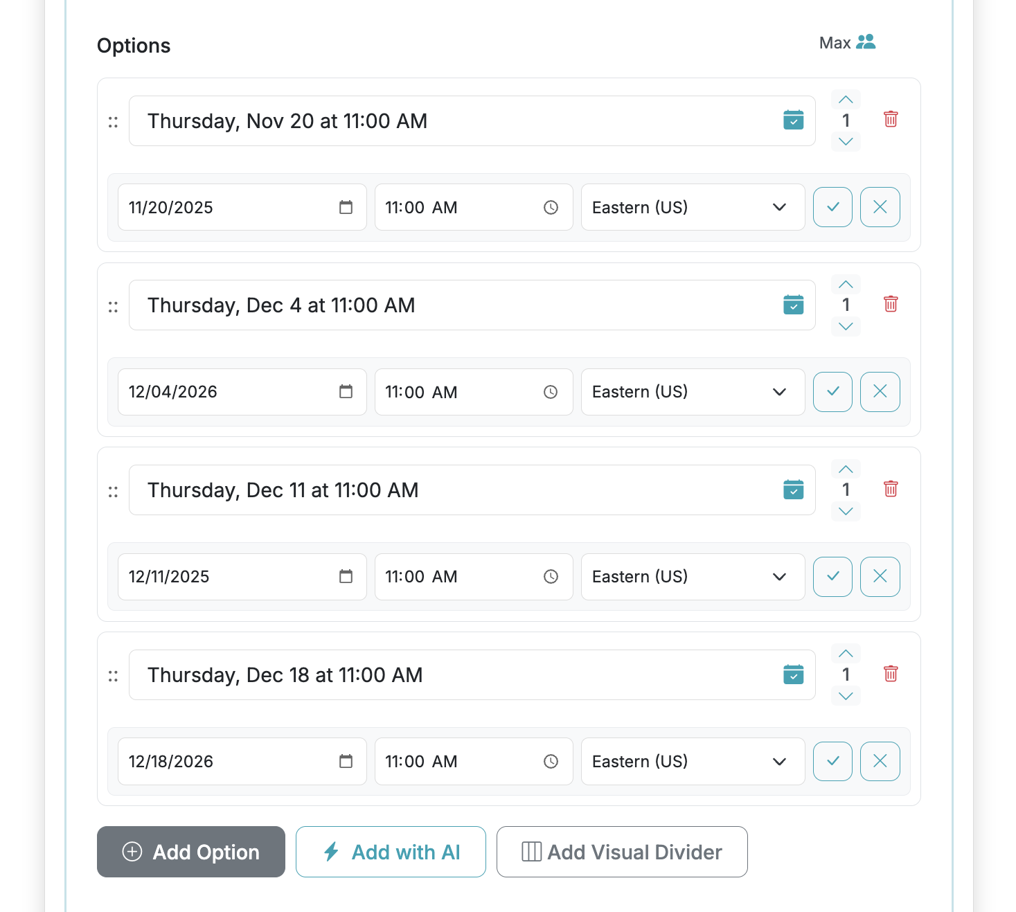 Screenshot showing Clear labels with times/dates are highly recommended for respondent clarity and reminder generation. Enabling dates/times will allow AI to store a time/date with each option that you can adjust as needed.