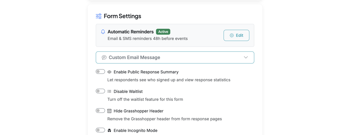 Screenshot showing On your Form Options page, go to 'Edit' to setup Automatic Reminders.
