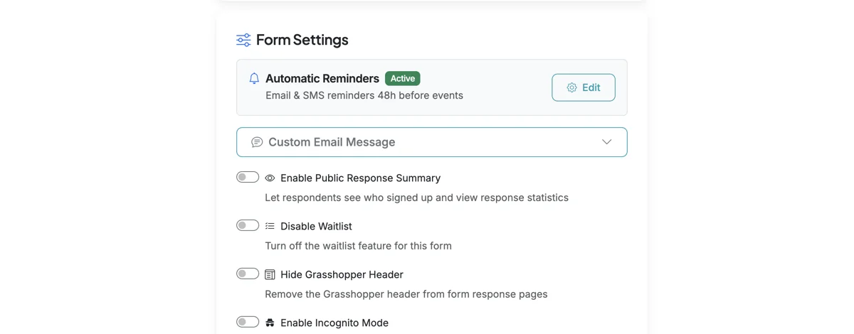 Screenshot showing On your Form Options page, go to 'Edit' to setup Automatic Reminders.