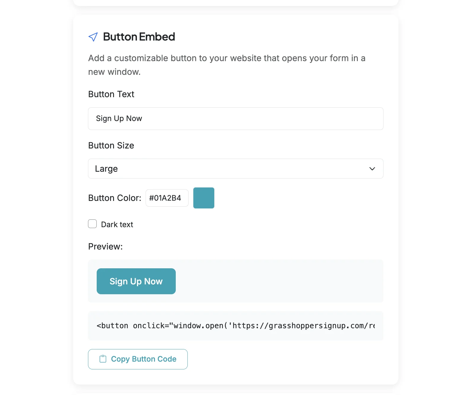 Screenshot showing Click on 'Button Embed'