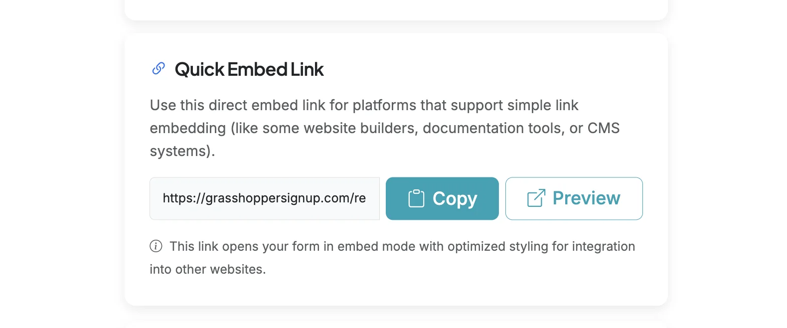 Screenshot showing You can also use a simple embed link which works automatically with some websites that create an iframe using your embed link.