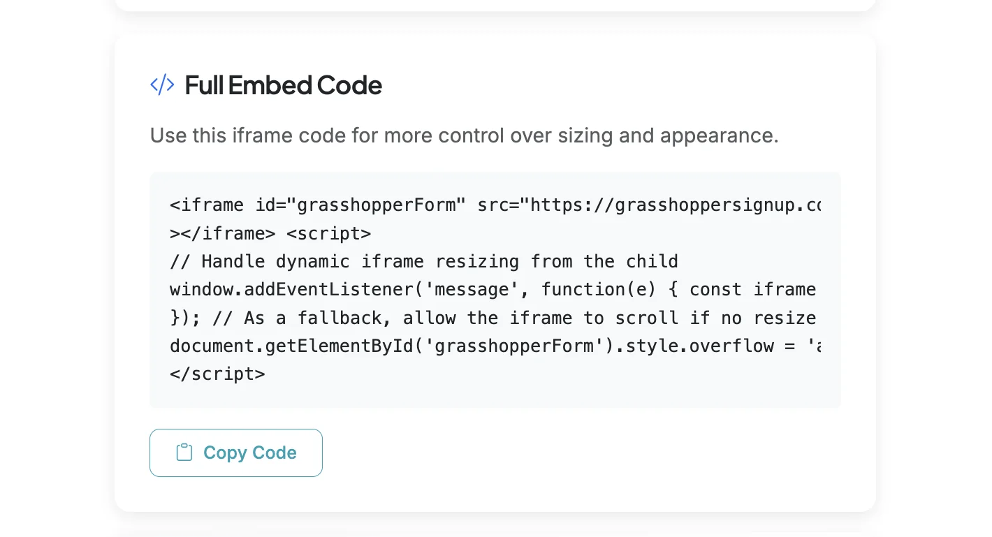 Screenshot showing Full Embed Code is also provided to create an iframe embedded form on your website that you can add to HTML pages.