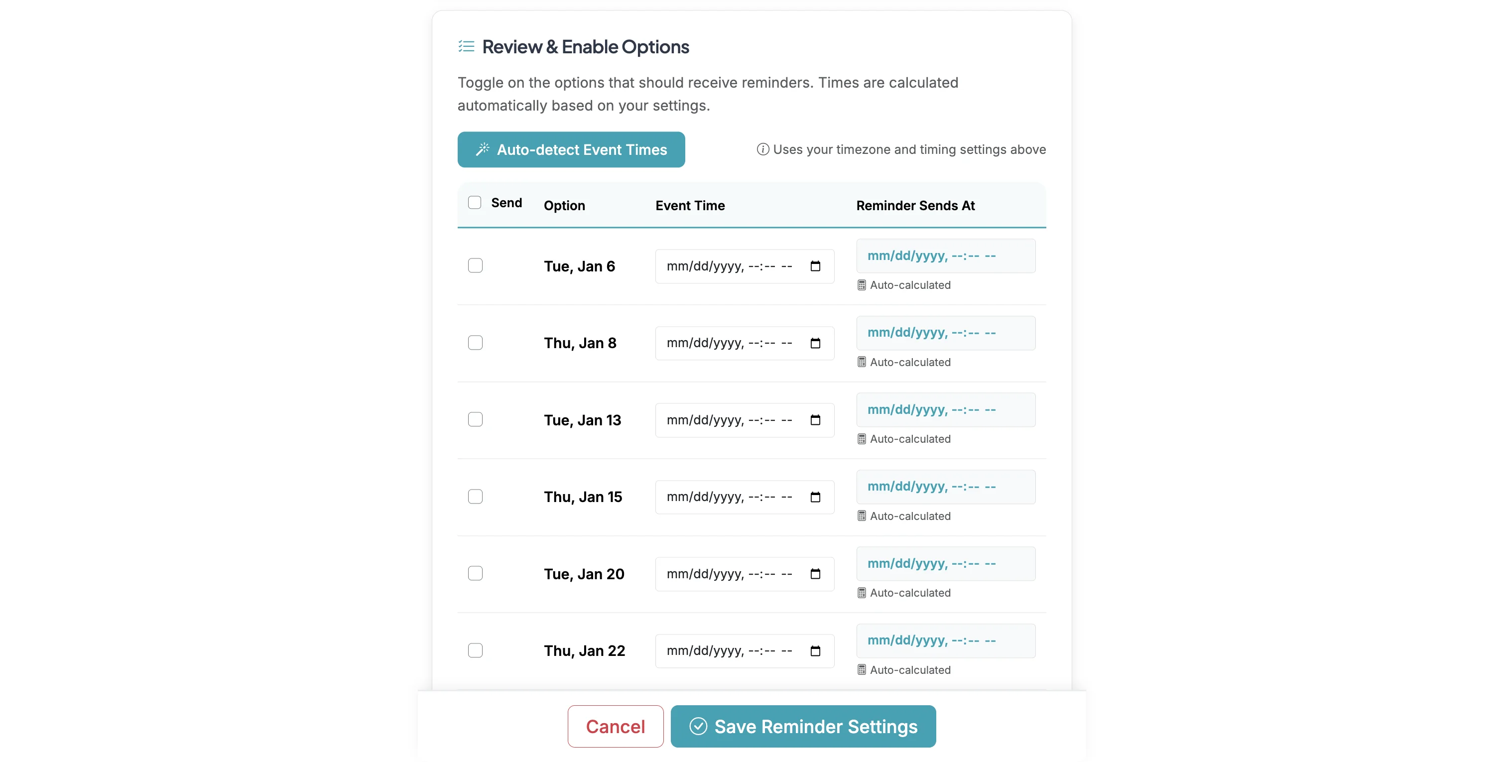 Screenshot showing Scroll down to enable reminders on the options you want to send reminders for.