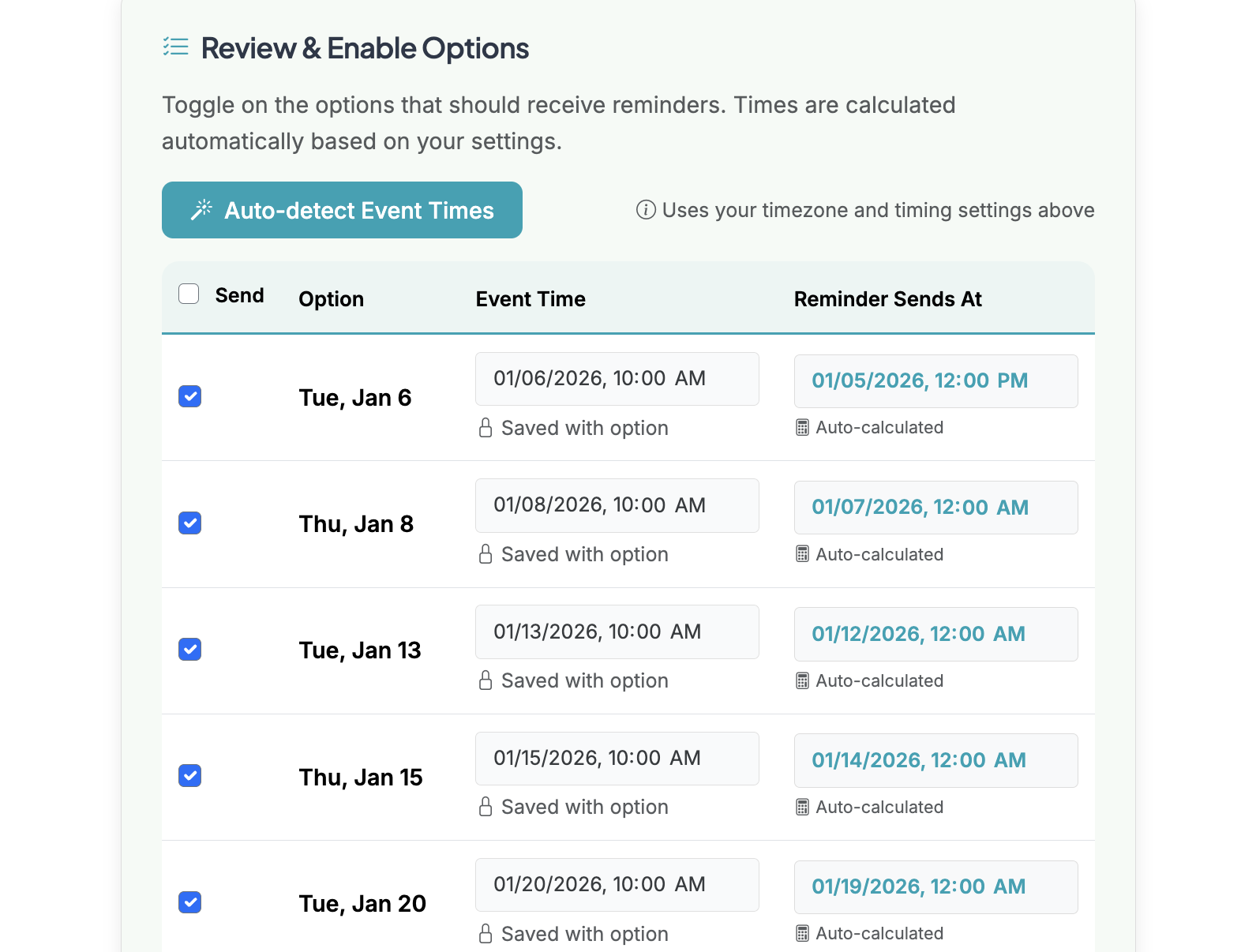 Screenshot showing When a form has dates/times saved on each option, Event Time will be locked and must be changed directly on the form.
