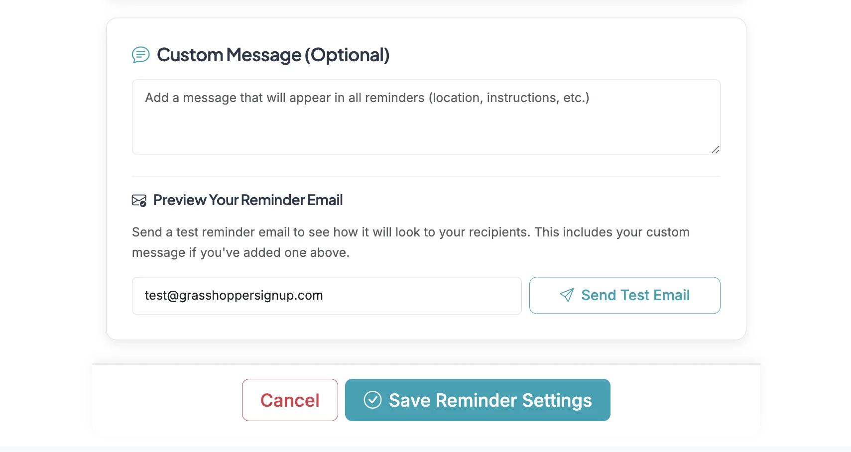 Screenshot showing At the bottom of the Reminder Settings page, you can add a Custom Message to be send in the reminder emails.