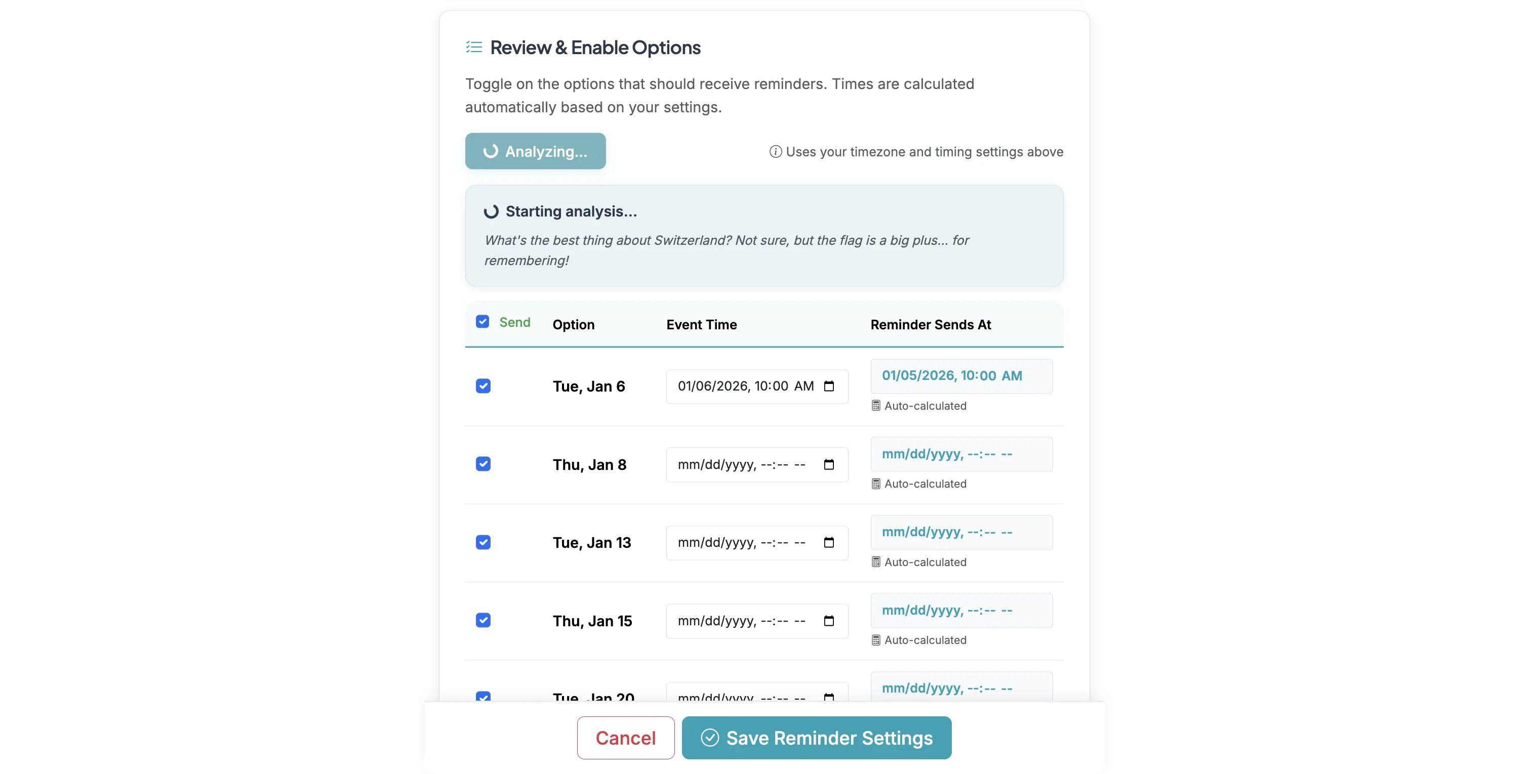 Screenshot showing You can manually set Event Time for each option or Auto Detect Event Times. Auto-detection will scan each reminder option and propose an Event Time if it finds any info to help it suggest one (you should check these and edit as needed).