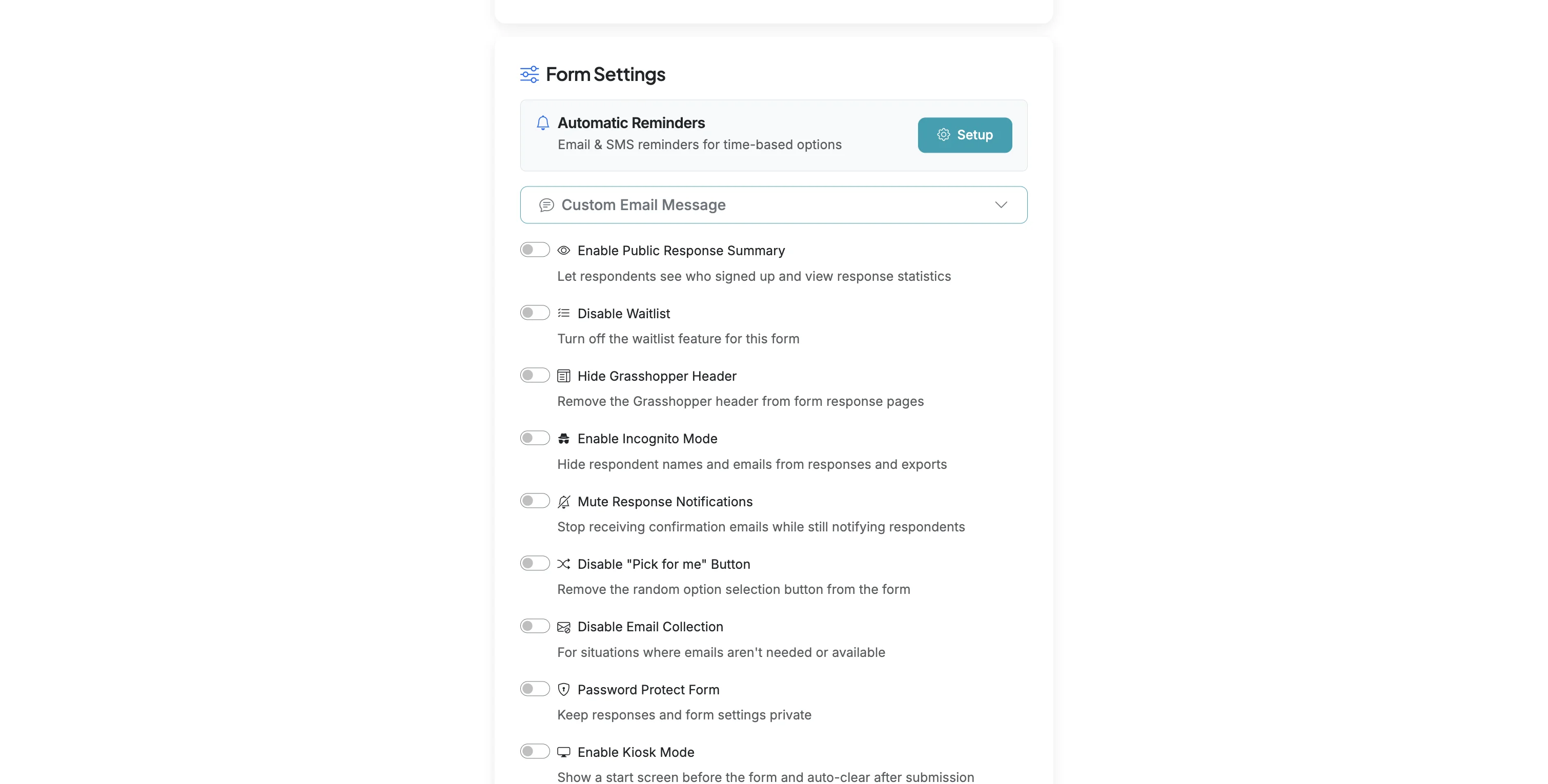 Screenshot showing Scroll down to the Form Settings. Click 'Setup' on Automatic Reminders.
