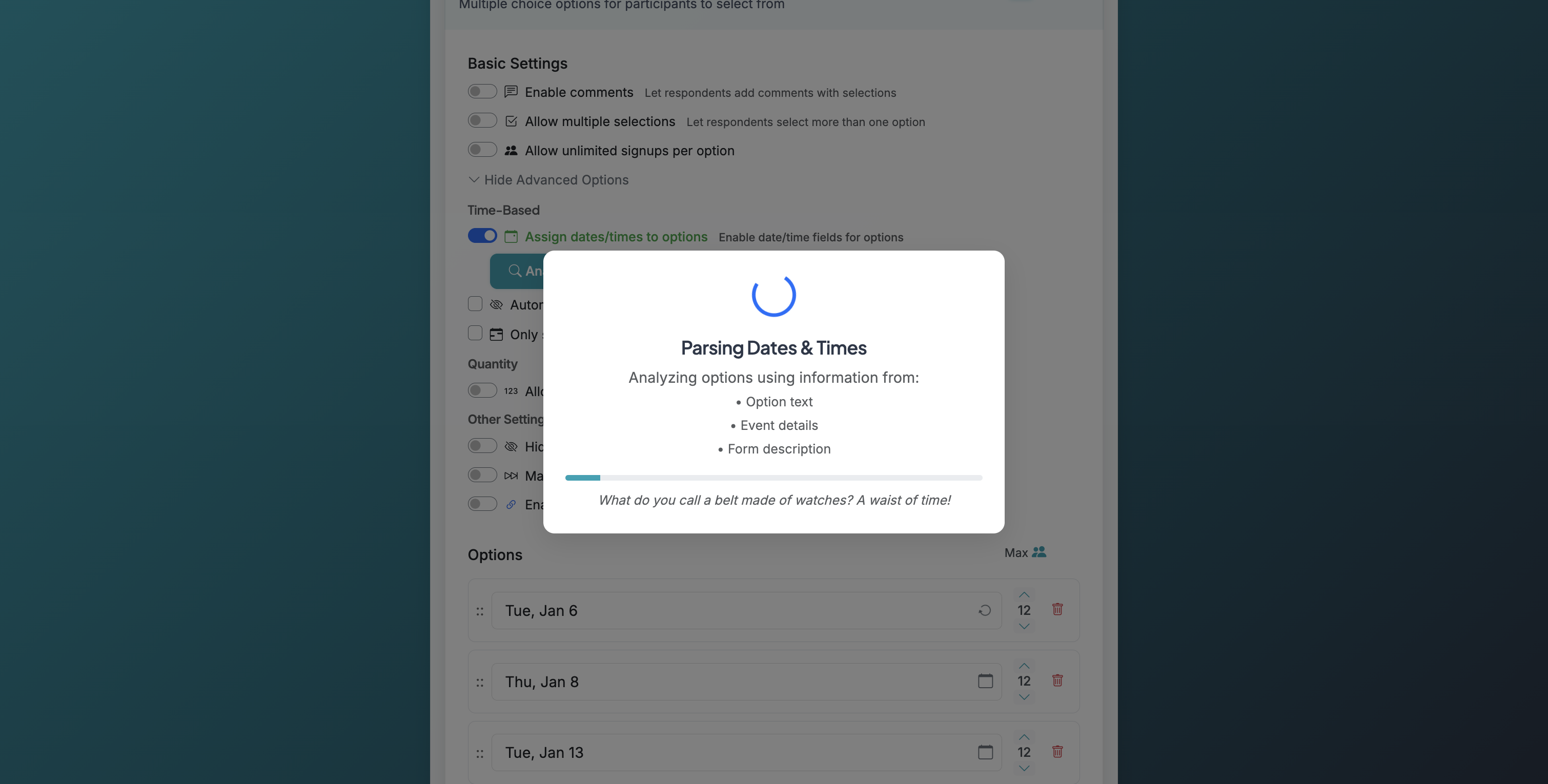 Screenshot showing Clicking 'Analyze Options for Dates/Times' will parse each option and suggest a date/time if it can find one.