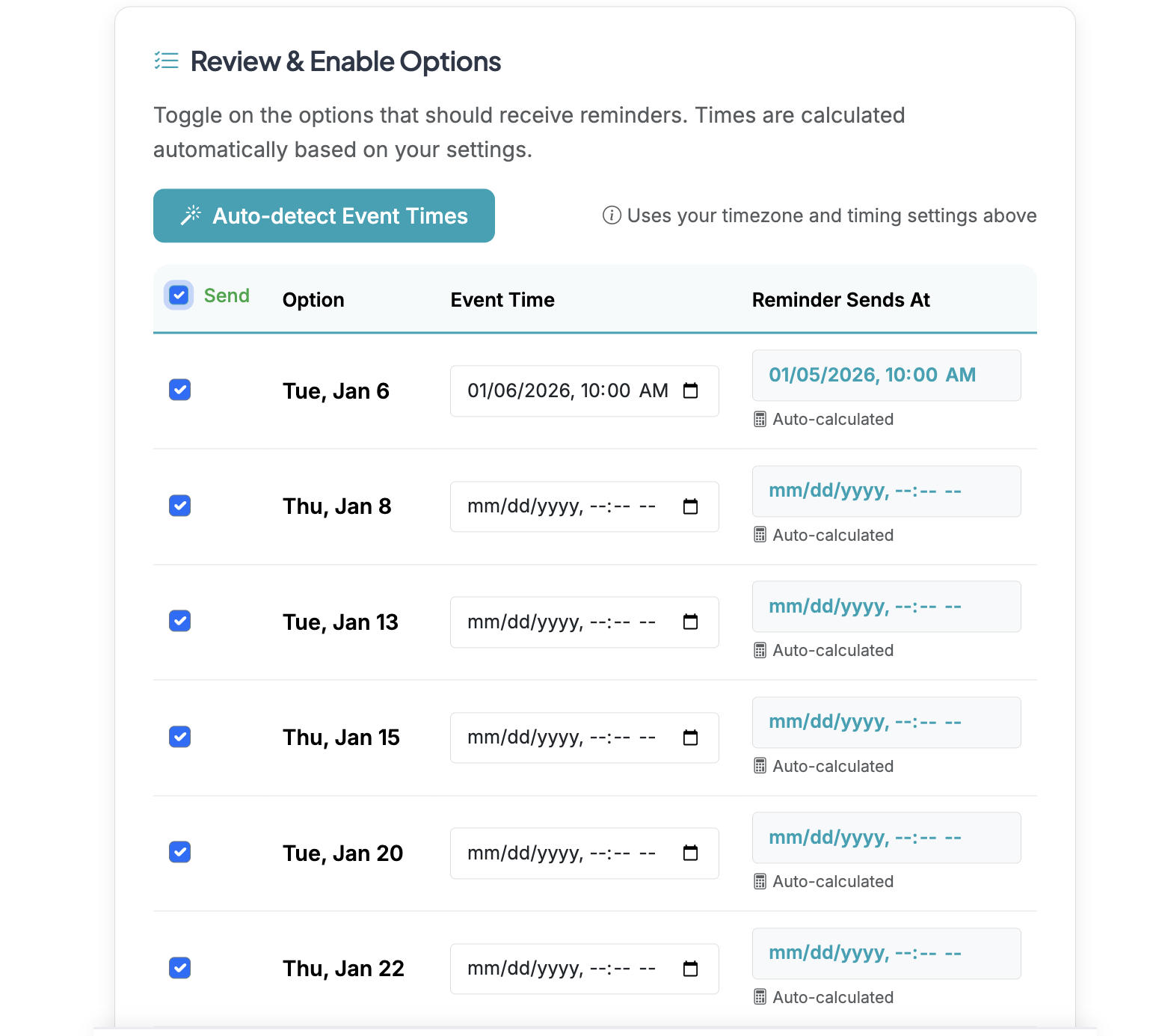 Screenshot showing Enable ALL options for reminders, or choose which options you want to send reminders for.