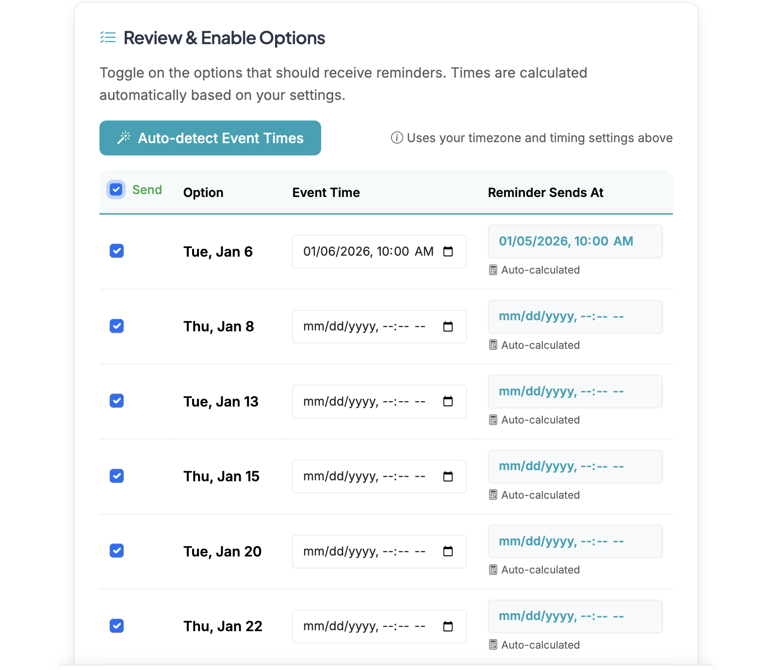 Screenshot showing EVENT TIME is the setting you MUST configure or check to make sure it is accurate. The Reminder Sends At time is auto-calculated from your Reminder Settings above (Step 3) using the EVENT TIME.