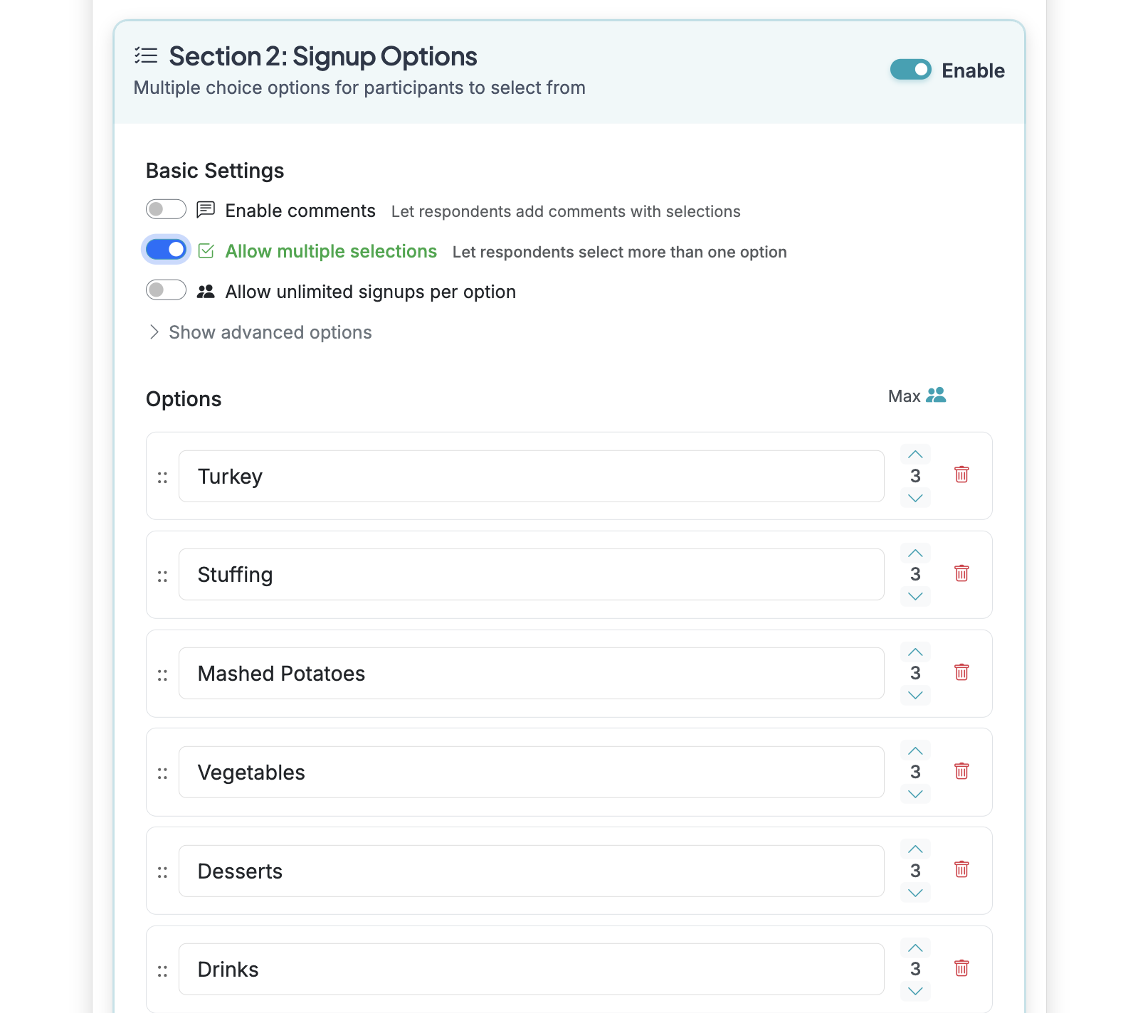 Screenshot showing Scroll down to Section 2: Signup Options. Enable the toggle for 'Allow multiple selections'. This will allow respondents to select multiple options.