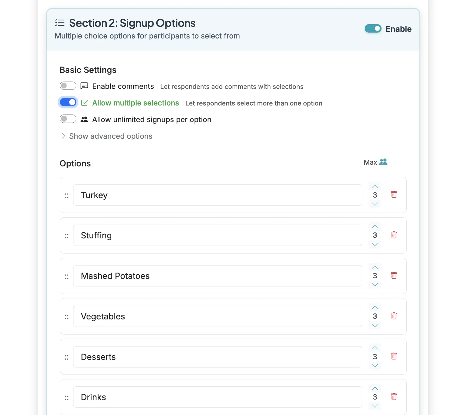 Screenshot showing Scroll down to Section 2: Signup Options. Enable the toggle for 'Allow multiple selections'. This will allow respondents to select multiple options.