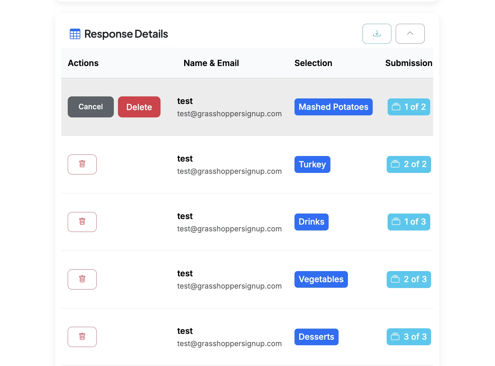 Screenshot showing Scroll down to Response Details. You can click the trash icon to remove any responses from your form. Clicking on the Submission links will show you the full Submission for a response/respondent.
