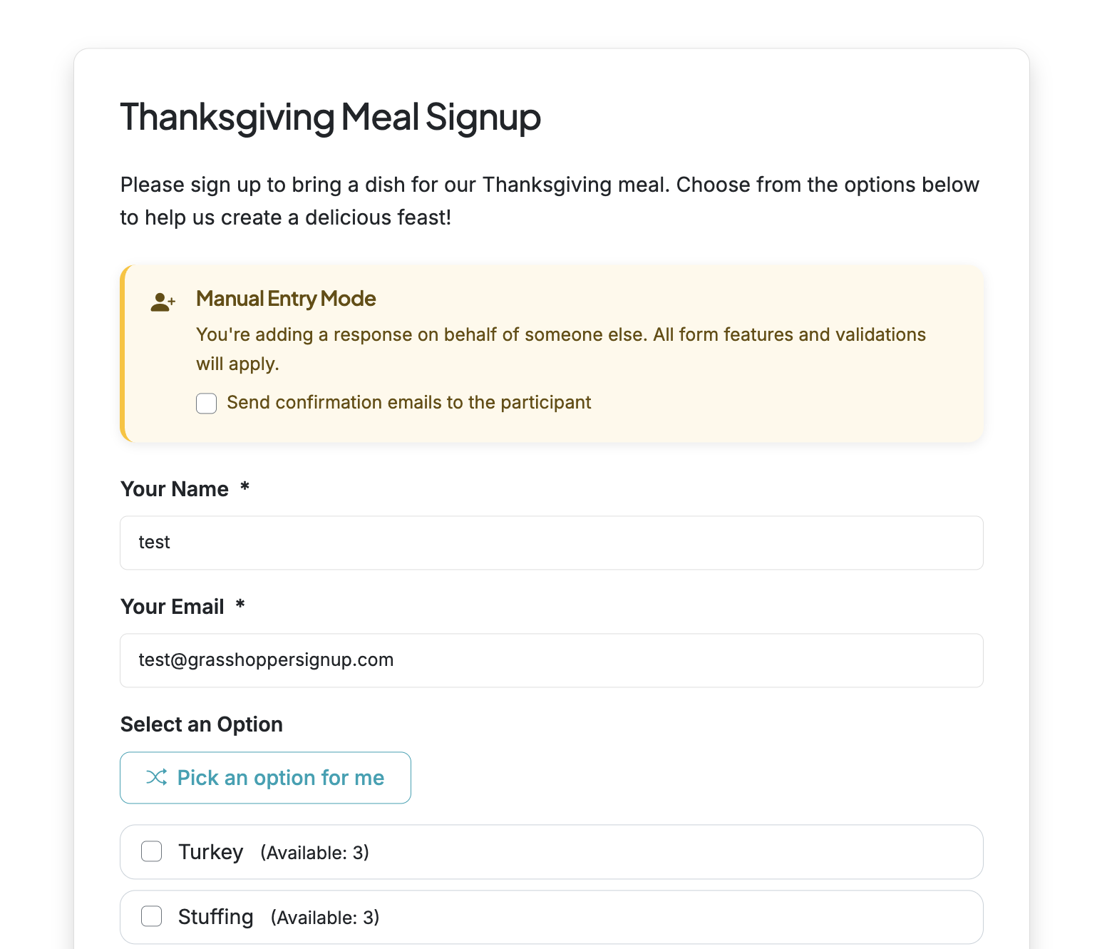 Screenshot showing When you add a manual response you can choose whether to notify the respondent you are submitting for, or not. The default setting is to NOT notify the email address you are submitting a response for.