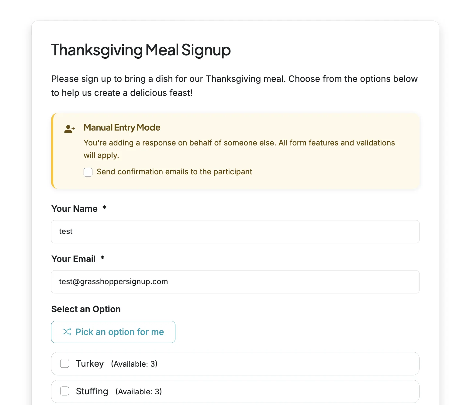 Screenshot showing When you add a manual response you can choose whether to notify the respondent you are submitting for, or not. The default setting is to NOT notify the email address you are submitting a response for.