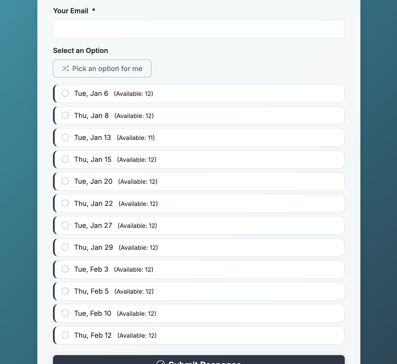 Screenshot showing By default, your form will show available response counts. This is an example of a form that uses max responses.