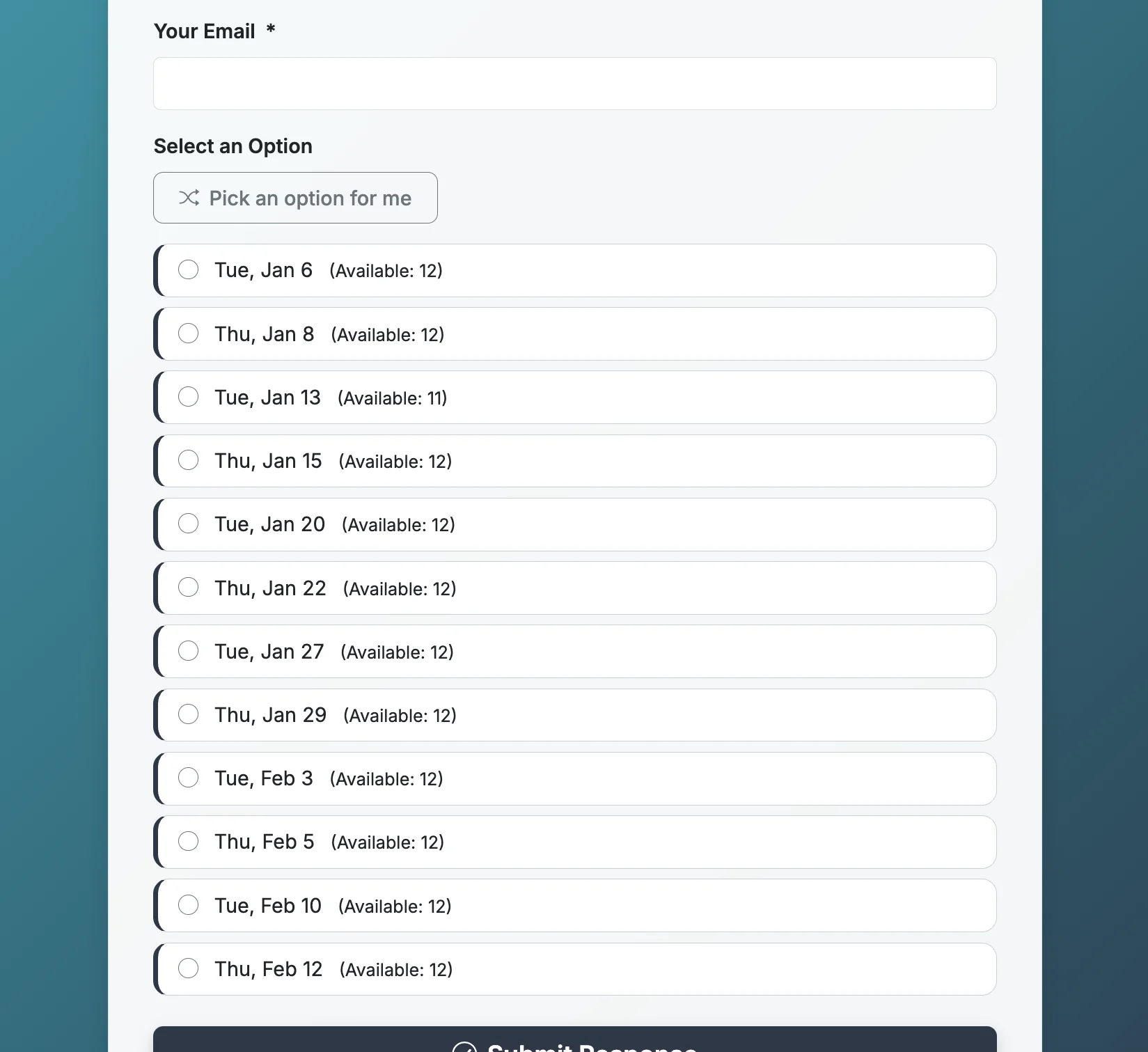 Screenshot showing By default, your form will show available response counts. This is an example of a form that uses max responses.
