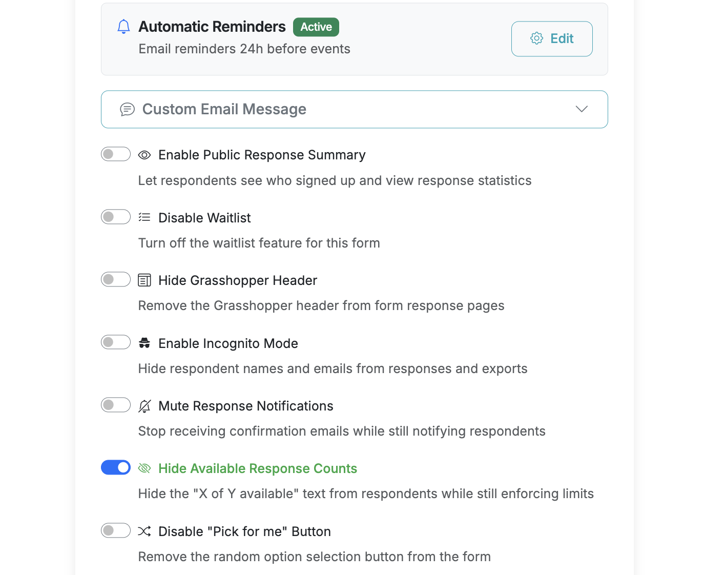 Screenshot showing Scroll down to Form Settings and enable the 'Hide Available Response Counts' toggle. This will hide available response counts from respondents while still enforcing max response limits.