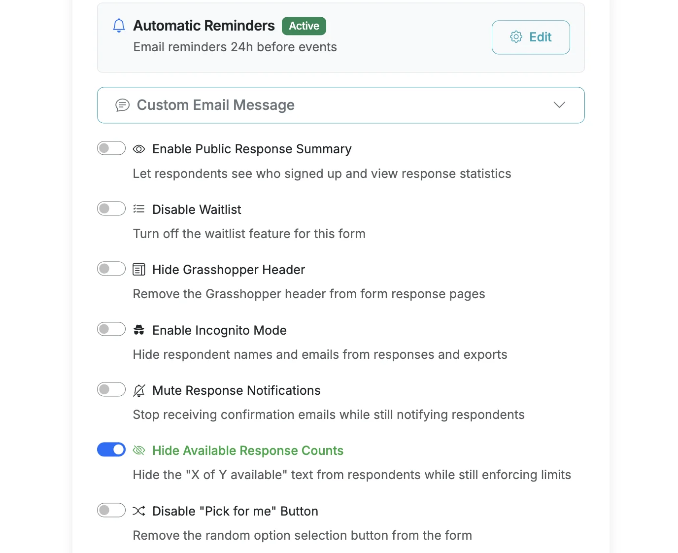 Screenshot showing Scroll down to Form Settings and enable the 'Hide Available Response Counts' toggle. This will hide available response counts from respondents while still enforcing max response limits.