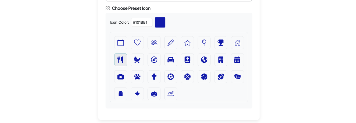 Screenshot showing To use a preset icon, select the icon you would like to use. You can adjust the color of the icon using the color picker or hex codes.