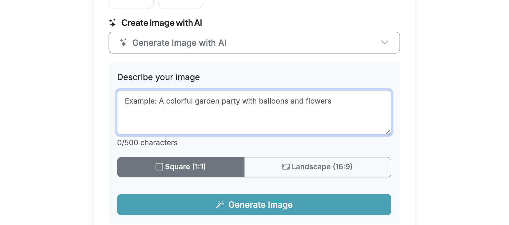 Screenshot showing To generate an image with AI, expand the Create Image with AI section and type in the description of your image.