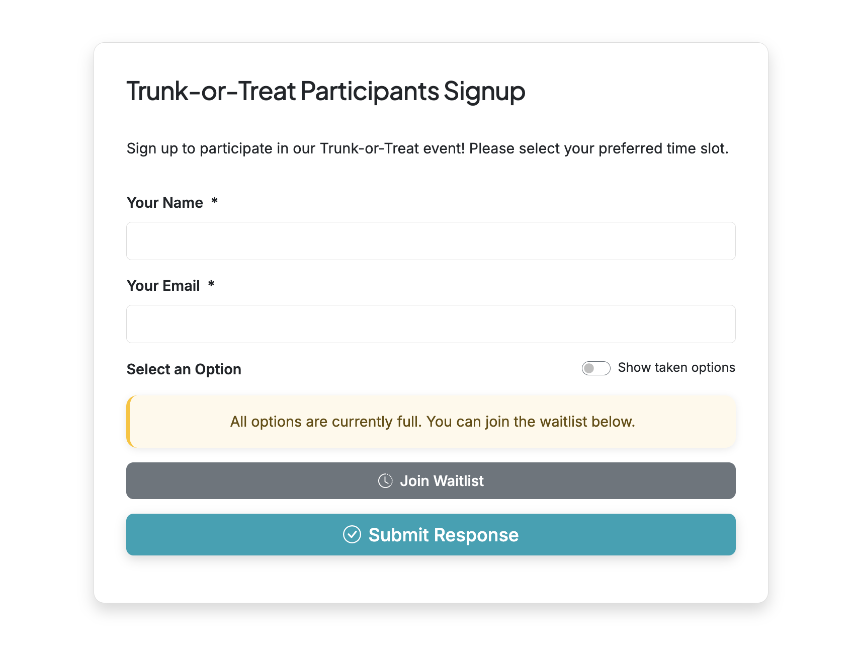 Screenshot showing When a form has no remaining options, a waitlist button will appear on the form for respondents.