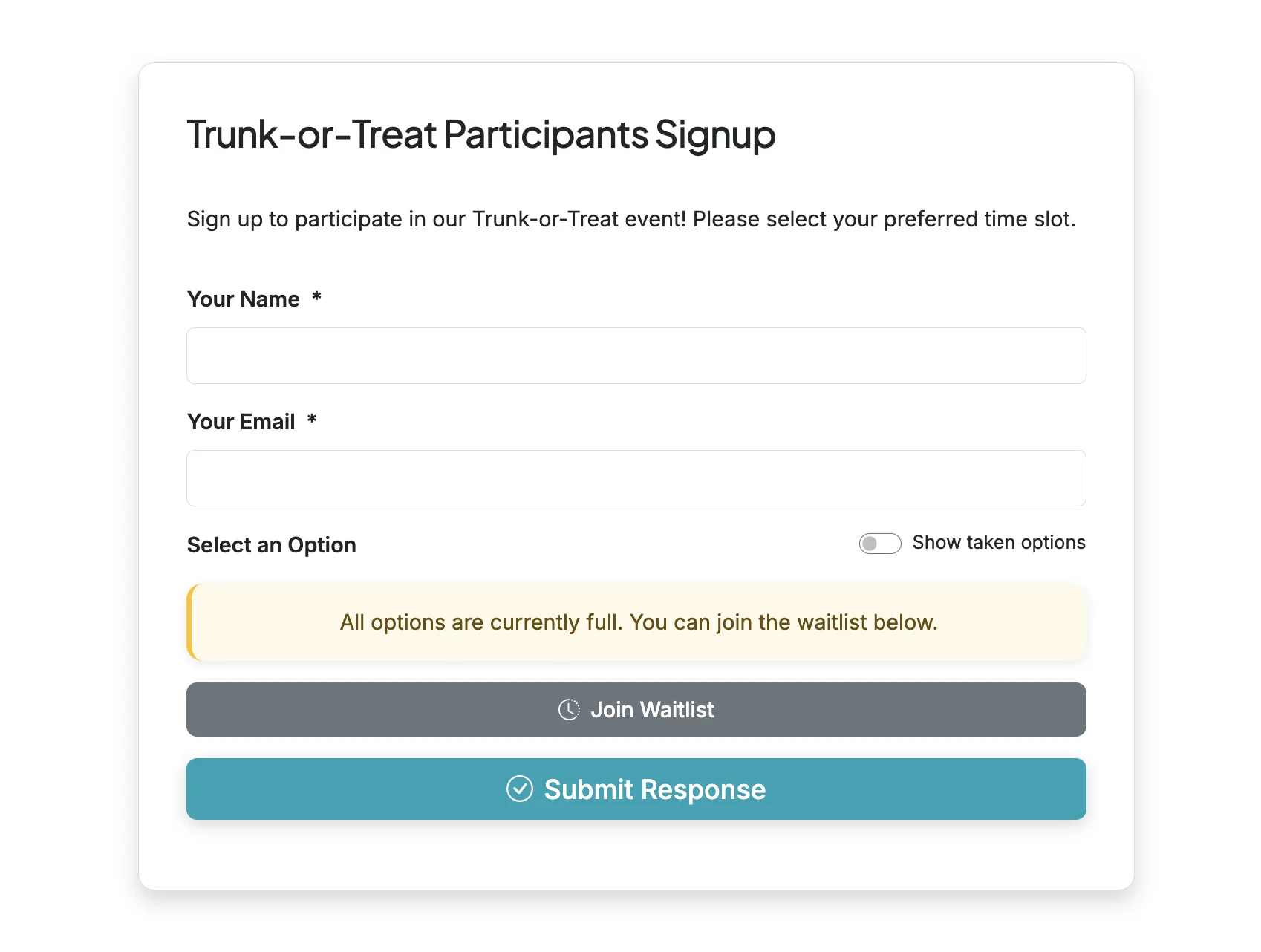 Screenshot showing When a form has no remaining options, a waitlist button will appear on the form for respondents.