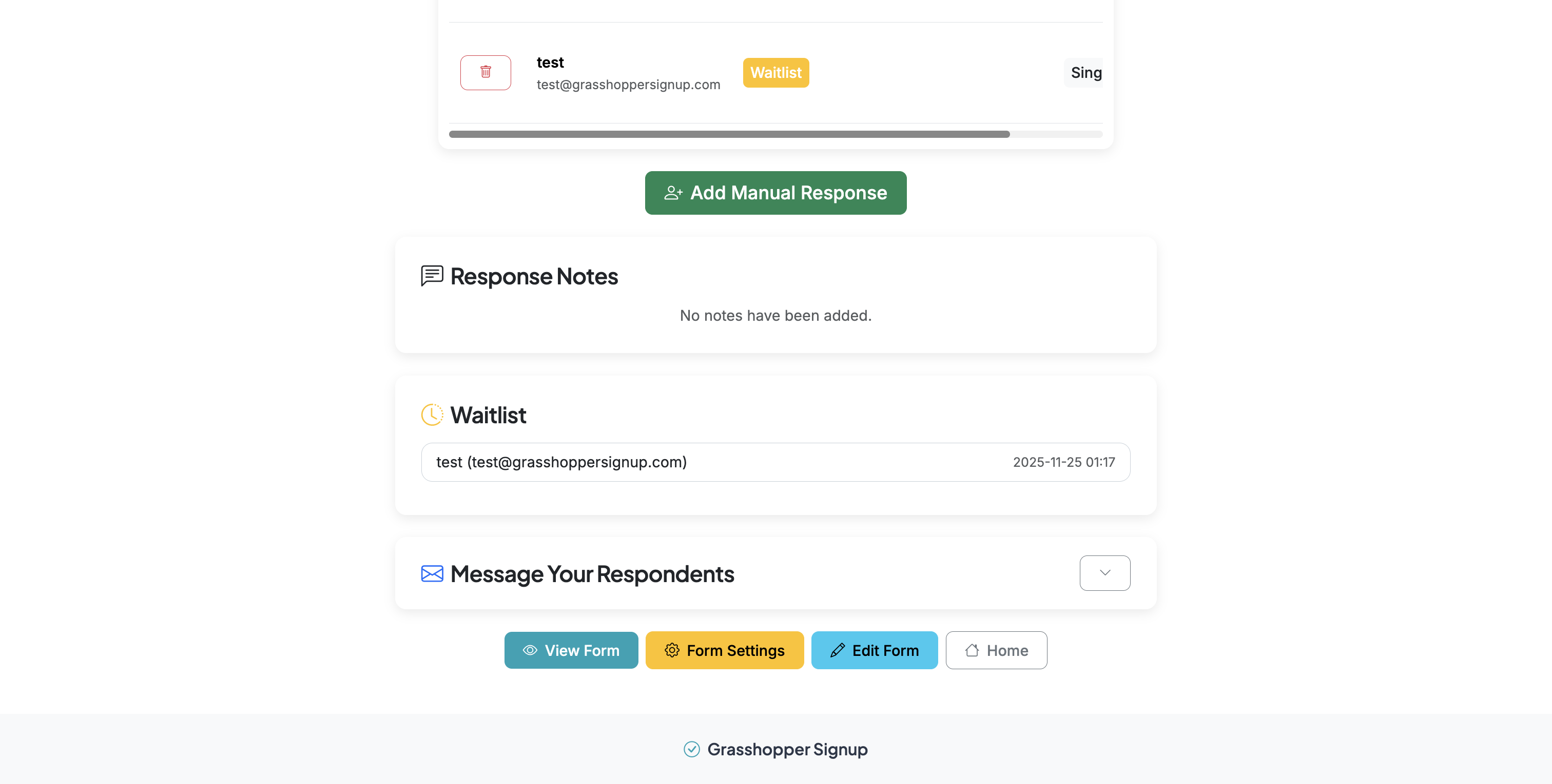 Screenshot showing On the Responses page, waitlist responses will show up in both the Response Details and the Waitlist section.