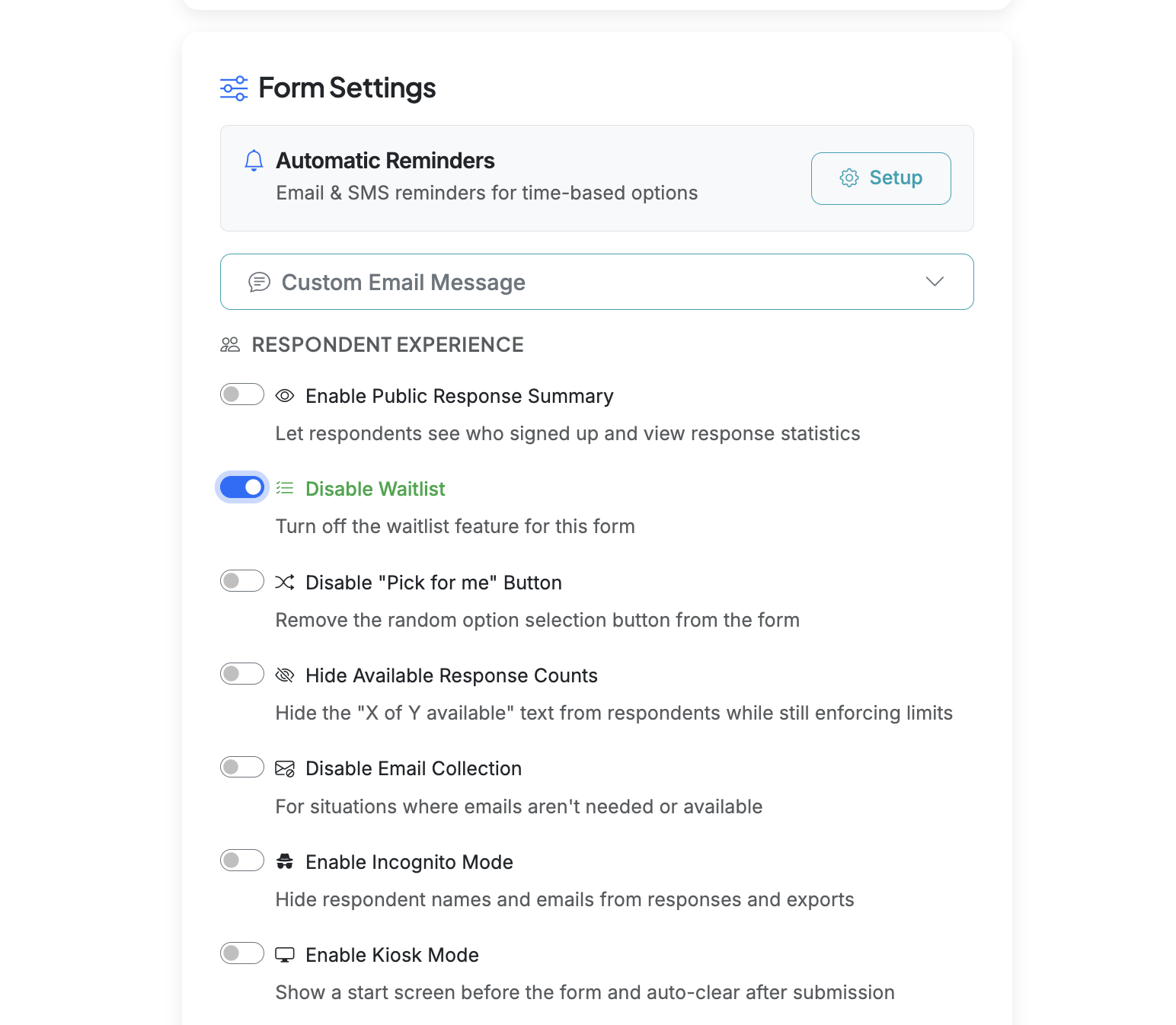 Screenshot showing Scroll down to Form Settings. Turn on the 'Disable Waitlist' toggle to disable the waitlist function.