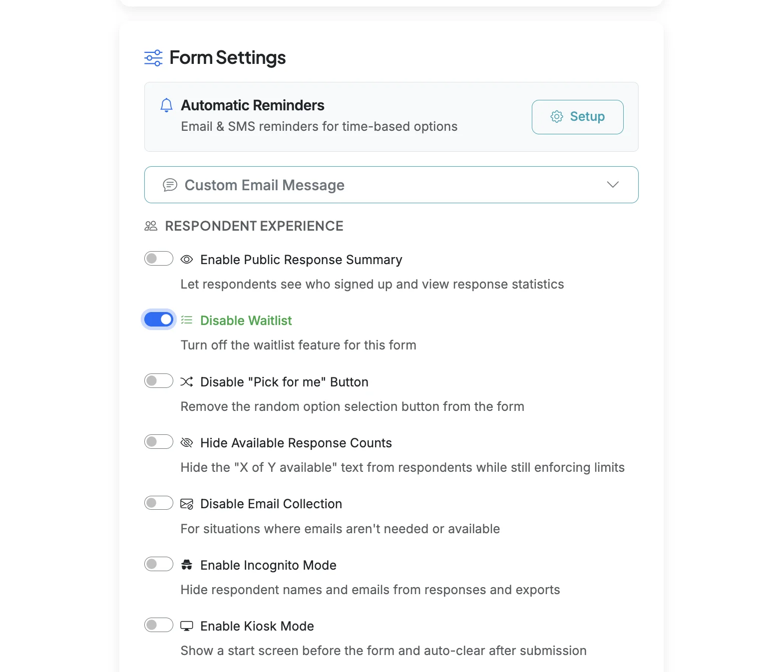 Screenshot showing Scroll down to Form Settings. Turn on the 'Disable Waitlist' toggle to disable the waitlist function.