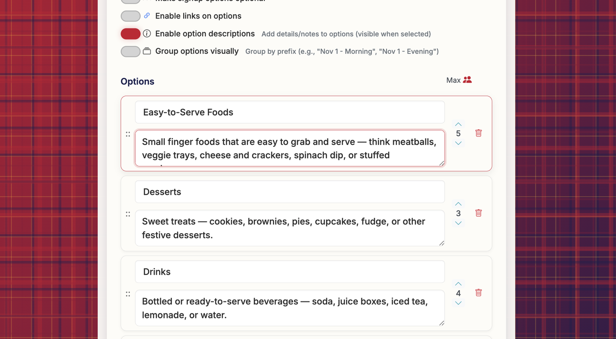 Screenshot showing Add option descriptions for options where you want to provide additional information. These will display on the form when users select the option.