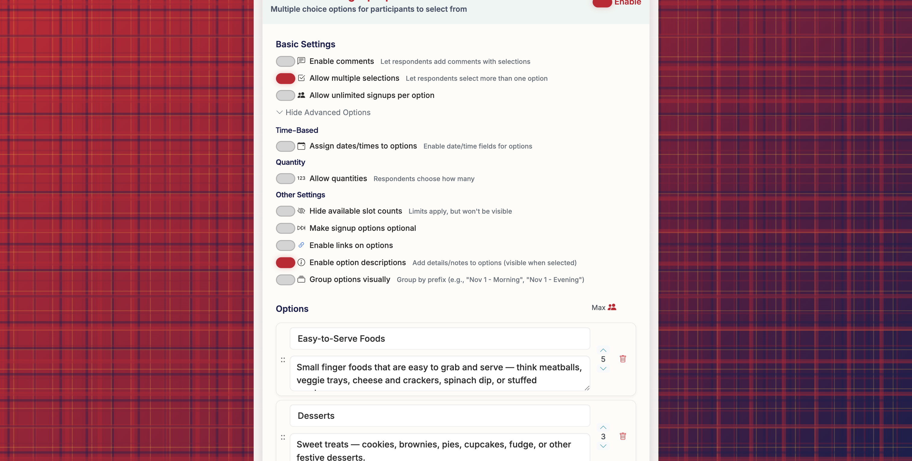 Screenshot showing Expand the Advanced Options and click to 'Enable option descriptions'. This will create option description fields for each option.