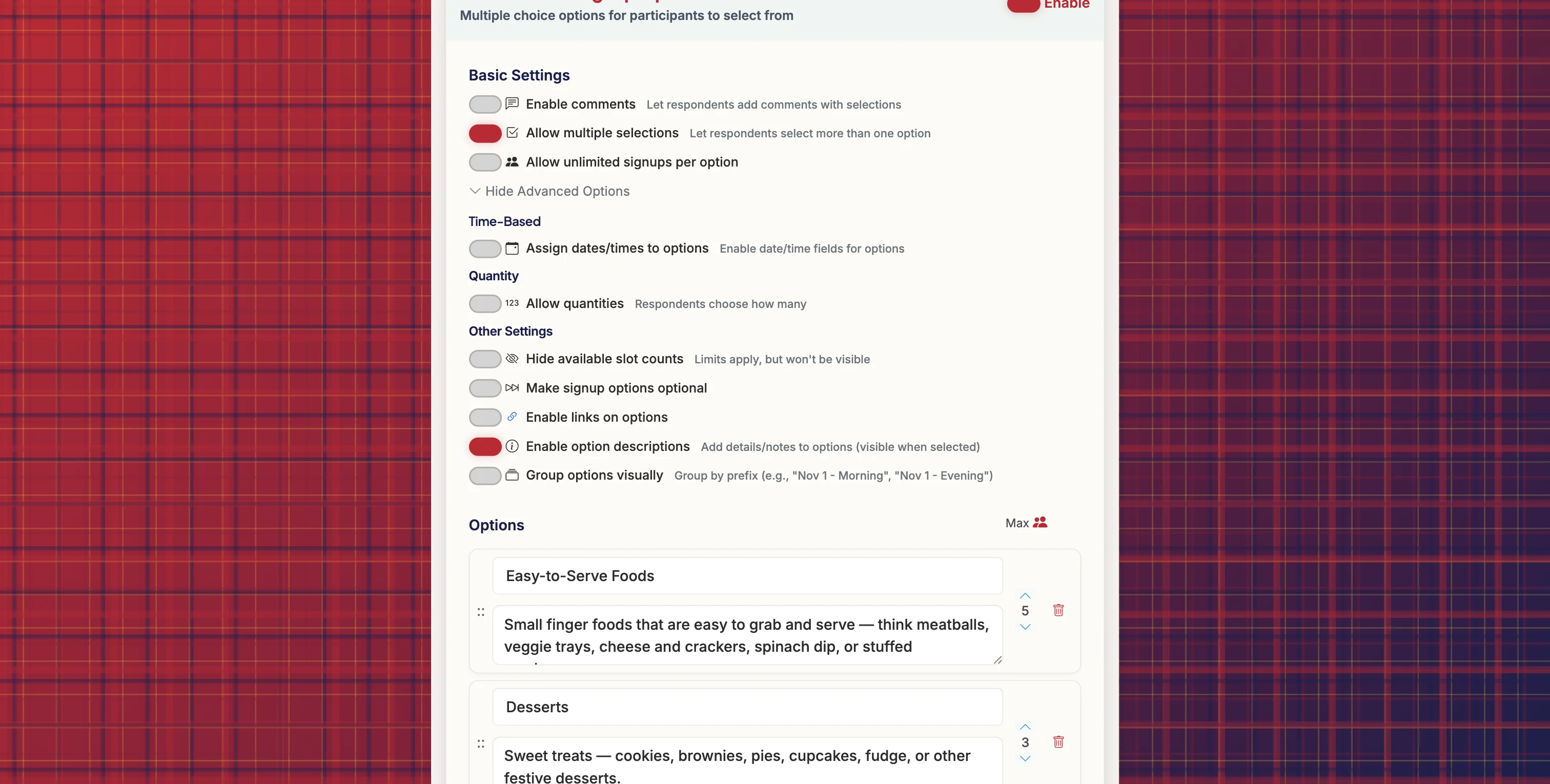 Screenshot showing Expand the Advanced Options and click to 'Enable option descriptions'. This will create option description fields for each option.