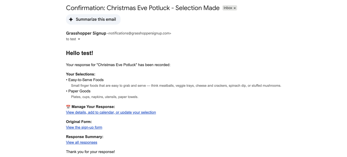 Screenshot showing Email confirmations include option descriptions with each option selected for reference.