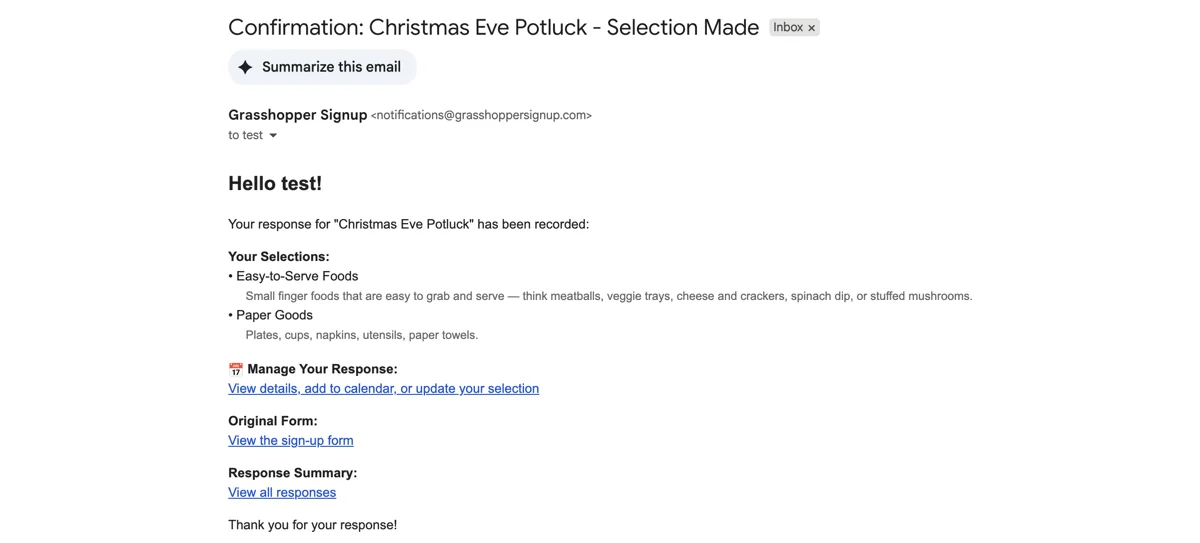 Screenshot showing Email confirmations include option descriptions with each option selected for reference.