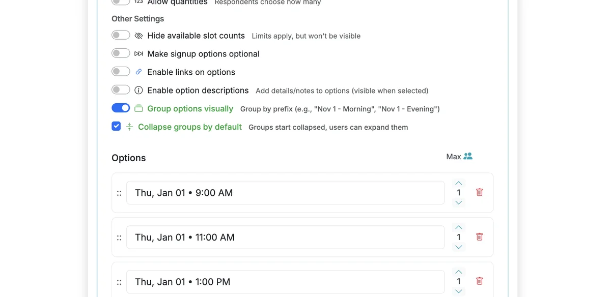 Screenshot showing When the AI generates a form with a large number of options that can be grouped, it will automatically turn on 'Group options visually' and 'Collapse groups by default'. It will also setup the option labels in a way they can be grouped. The labels will include a prefix, followed by a space then a dash or bullet, then a suffix, like: "Thu, Jan 01 • 11:00 AM". This allows similar items to be grouped.