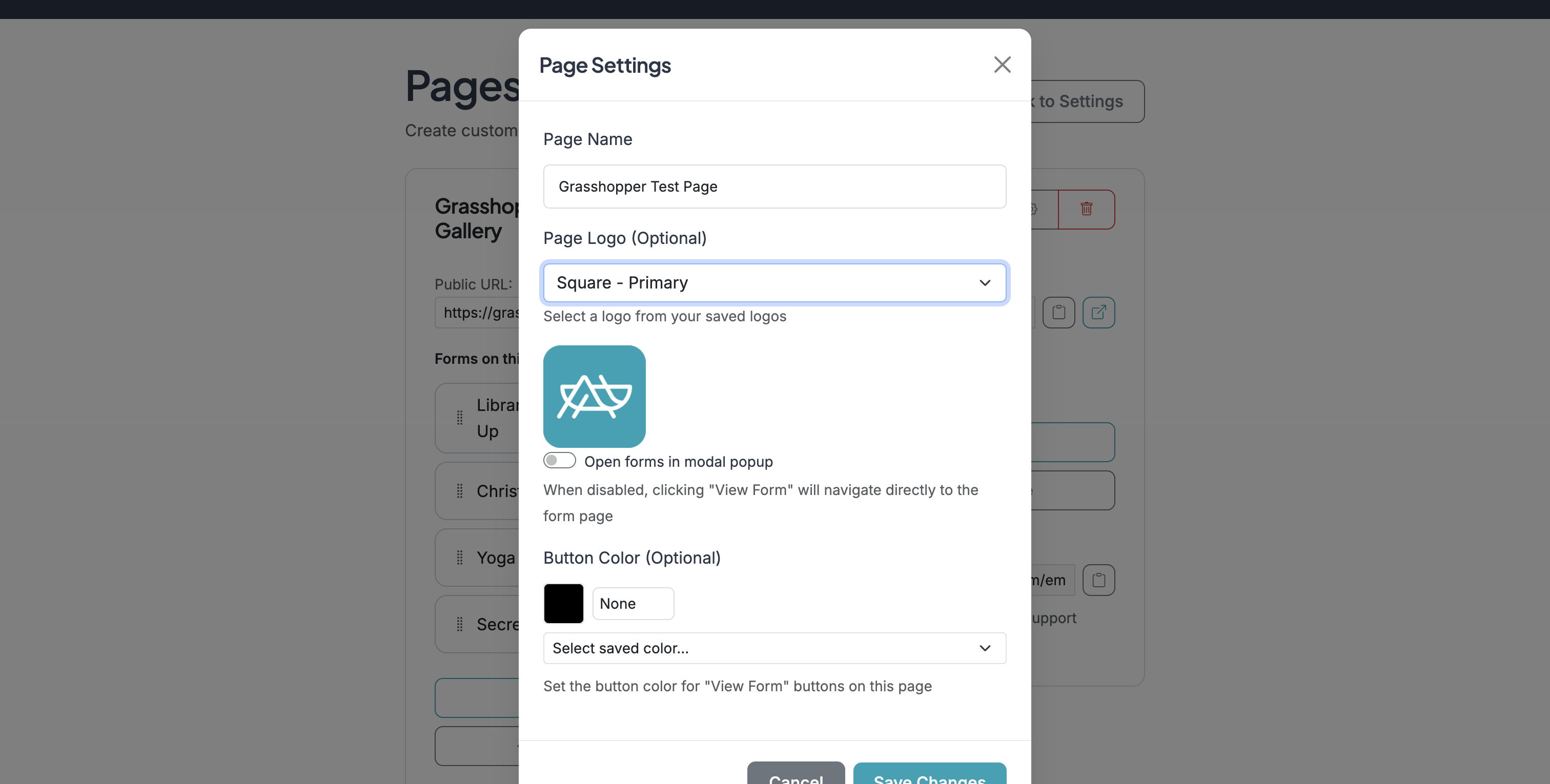 Screenshot showing Page Settings (gear icon) allows you to set a logo for the page using your brand logos, set the button color for forms on the page using your brand colors, and provides an option to open forms in a modal or as a new page.